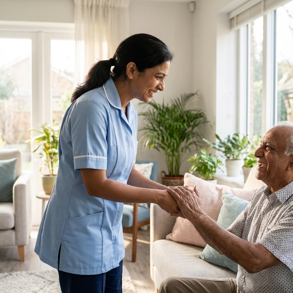 Compassionate nurse providing home care to an elderly patient in Chennai